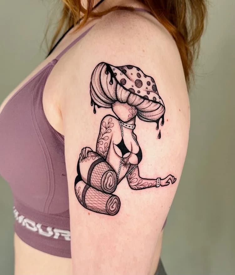 Black ink figure tattoo on shoulder wearing polka dot hat with detailed shading