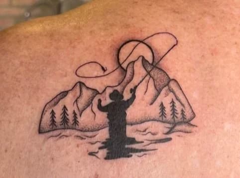 Black and gray mountain landscape tattoo with lake and tree silhouette