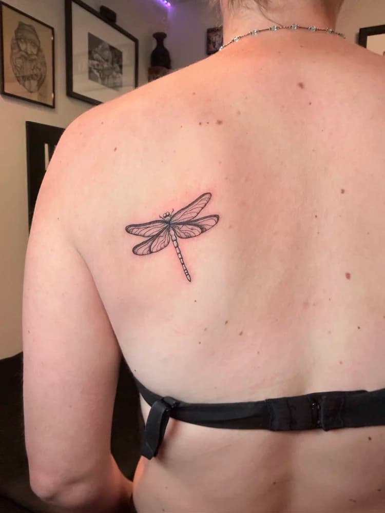 Purple and black dragonfly tattoo on back shoulder with studio interior background